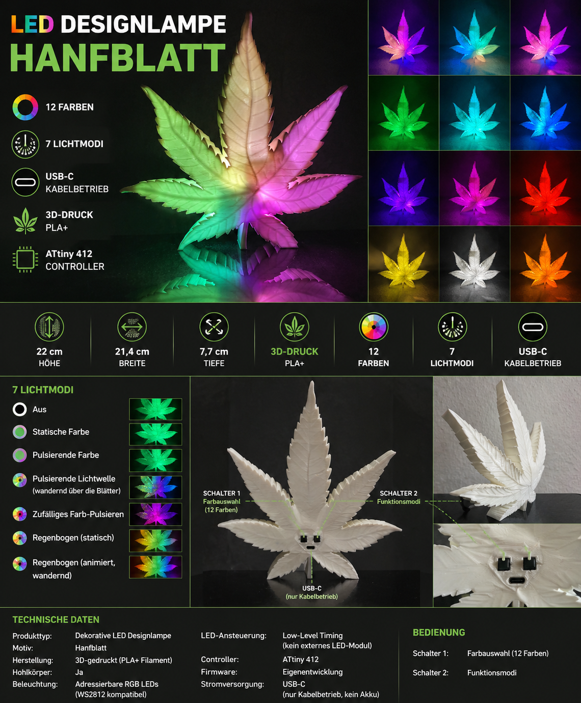 LED Hanfblatt Lampe 🌿 – USB-C Designleuchte mit RGB Effekten und Mikrocontroller
