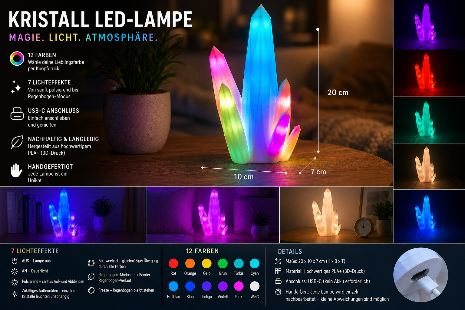 🌈 3D-Kristalllampe mit faszinierenden LED-Effekte