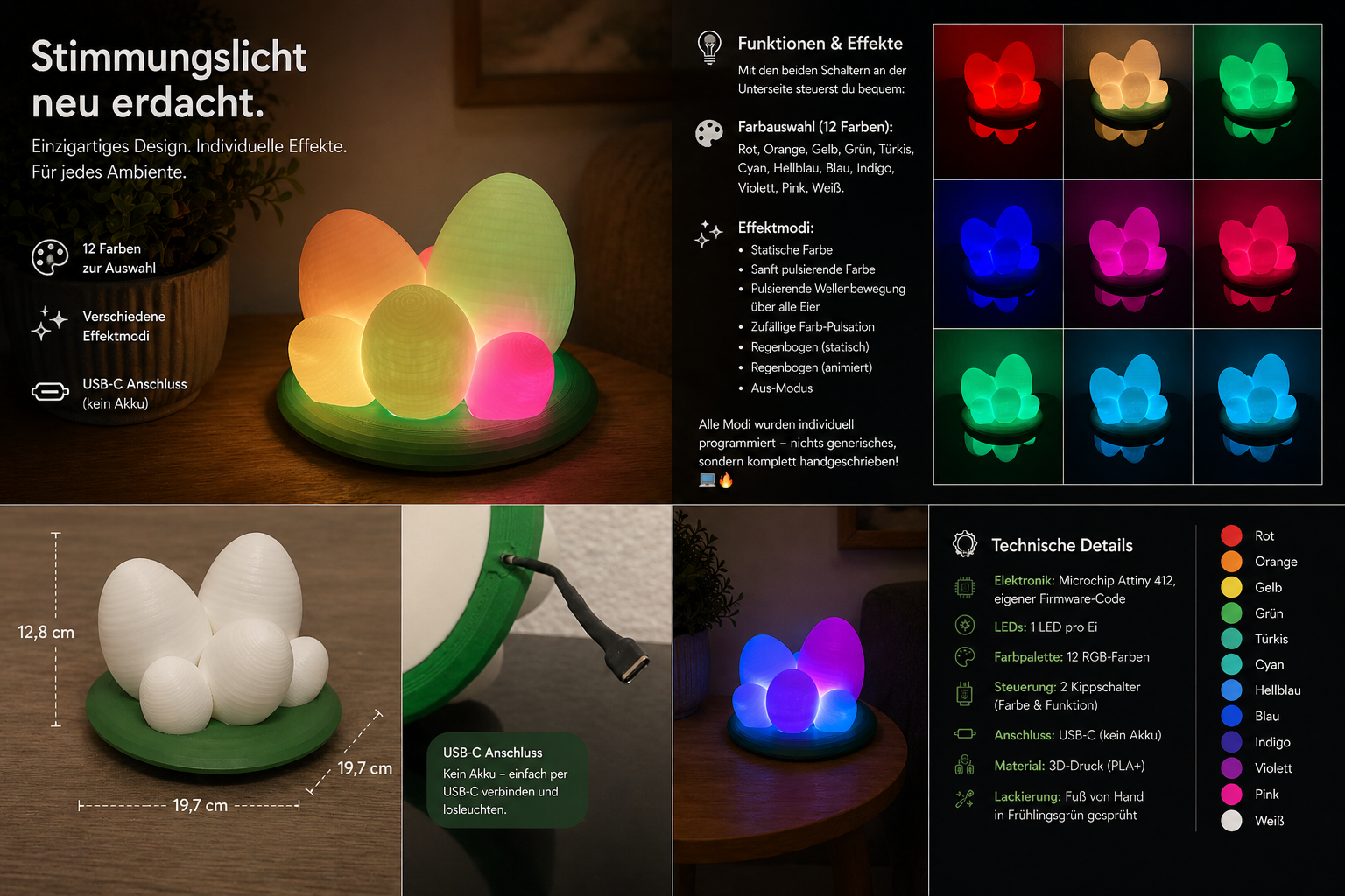 🌟 Handgefertigte LED-Osterlampe „EggGlow 3D“ – Farbwechsel, Effekte und einzigartiges Blender-Design 🐣✨
