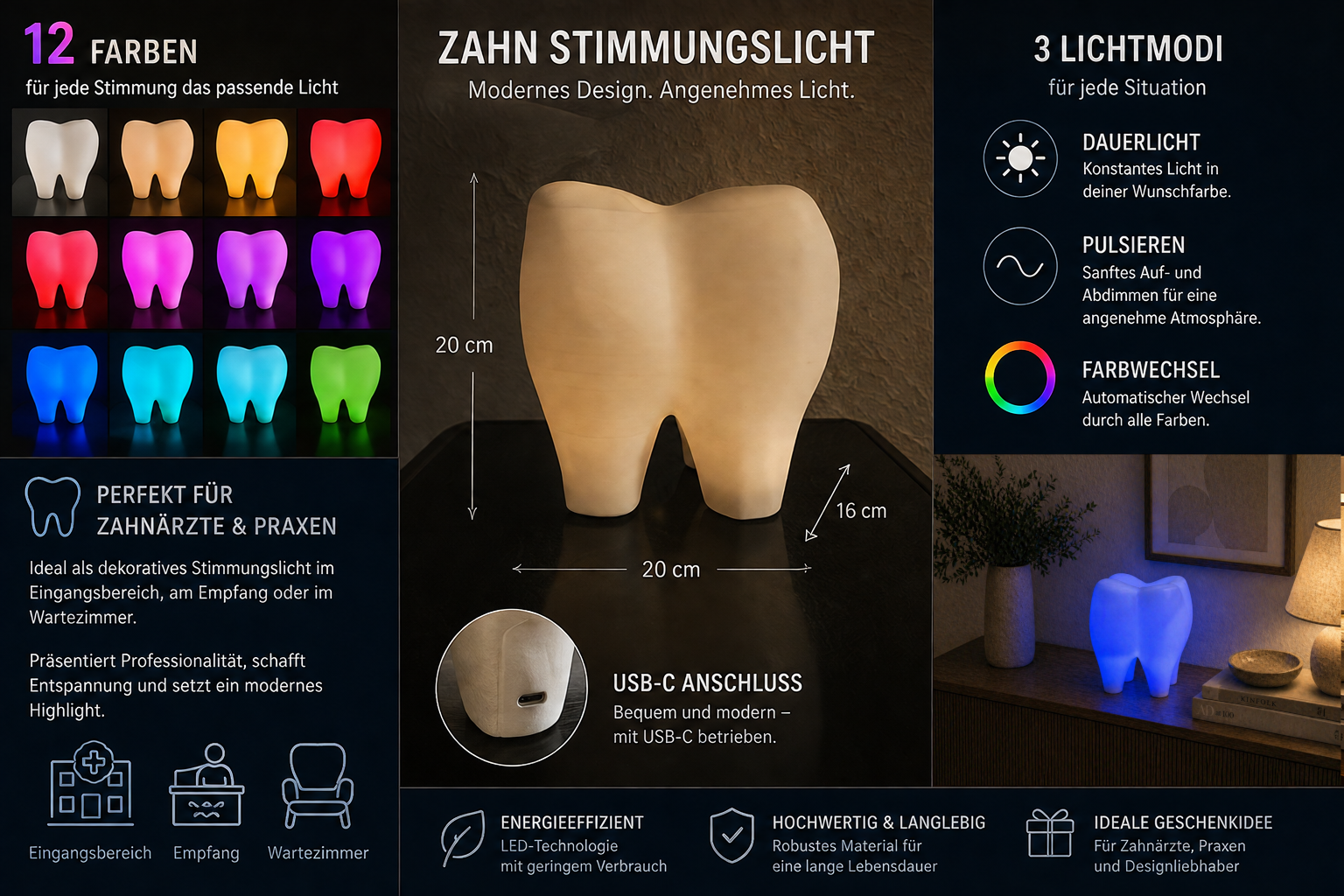 🦷 LED-Praxislicht „Leuchtender riesen Zahn“ – 3D-gedruckte Deko-Lampe mit adressierbaren Effekten, USB-C, Farb- und Funktionswahl