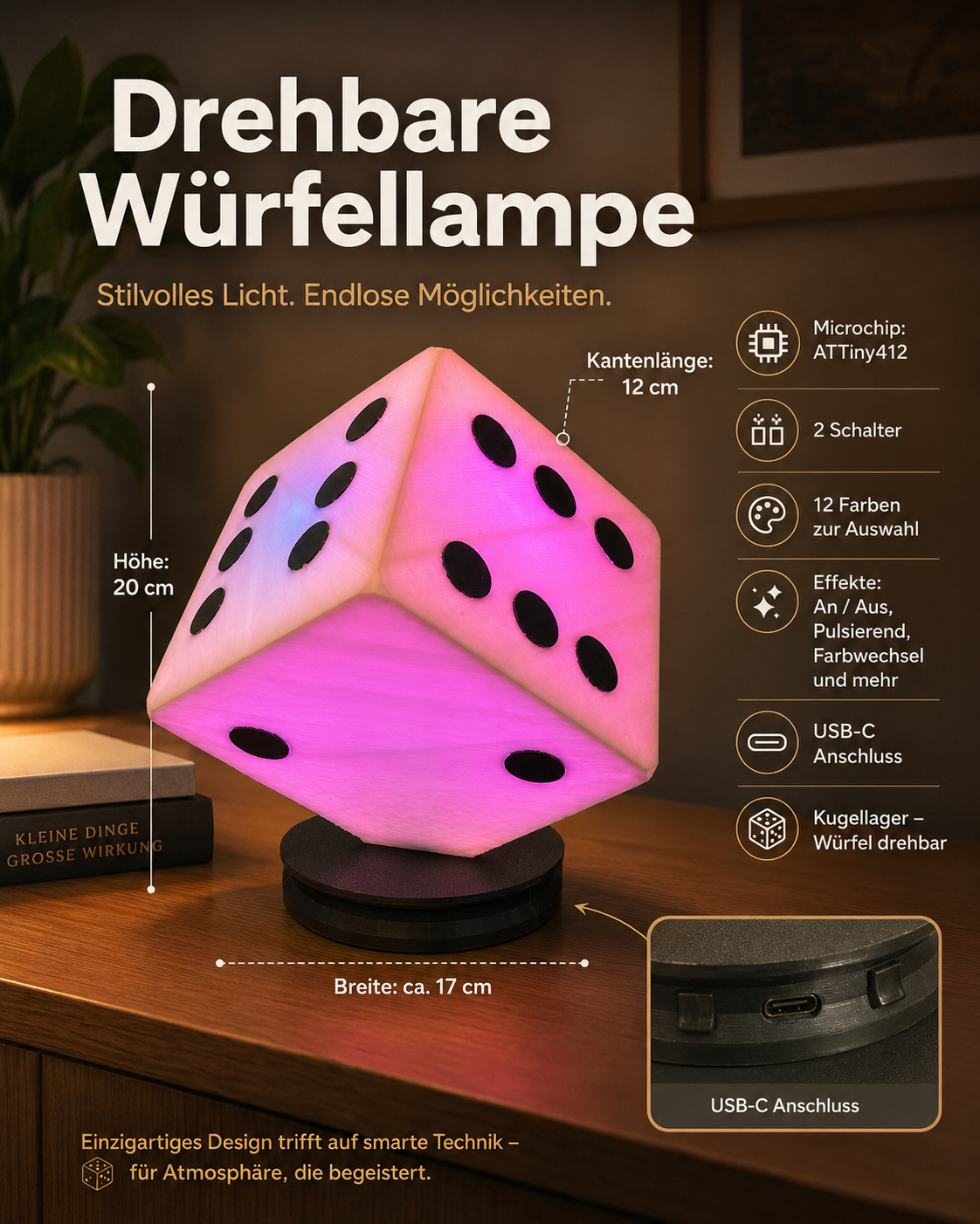 Drehbare Würfellampe – stimmungsvolles Licht für Gaming, Wohnzimmer &amp;amp; Nachttisch
